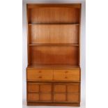 Nathan teak bookcase, with curved pediment above two shelves, the base with two drawers and two