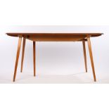Ercol elm and beech extending dining table, the rectangular top with rounded corners above angled