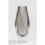 Murano grey and clear glass vase, with angled body, on a square foot, 16cm high