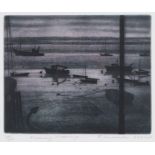 Elizabeth Morris, "Evening Moorings", limited edition etching, numbered 27/100, housed in a light