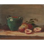 20th century school, still life study of a twin handled pot and peaches, unsigned oil on board,