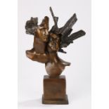 Bronze sculpture depicting two heads, on a stepped bronze base, 41cm high