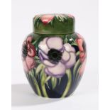 Moorcroft Anemone Tribute pattern ginger jar and cover, with anemone decoration on a green ground,