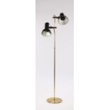 1970's floor standing lamp, with two adjustable arms each with a black shade, 142cm high