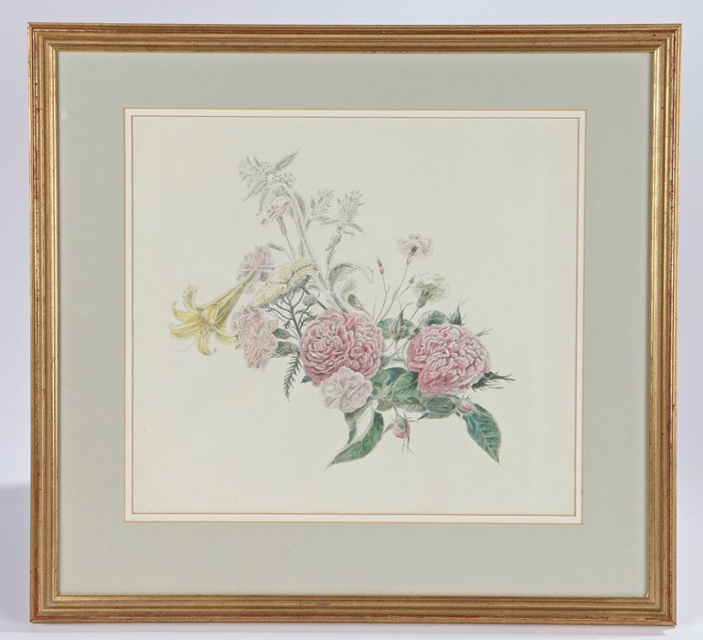 Attributed to Cecil Mary Leslie (1900-1980), "Paeonies", watercolour and pen, housed in a silvered - Image 3 of 3