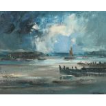 John Burman, "Storm Over Pin Mill Suffolk 1969", signed oil on board, housed in a hessian mount