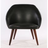 1970's black leatherette tub chair, on turned tapering legs