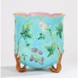 George Jones majolica small jardiniere, with raised blackberry and bramble decoration on a turquoise