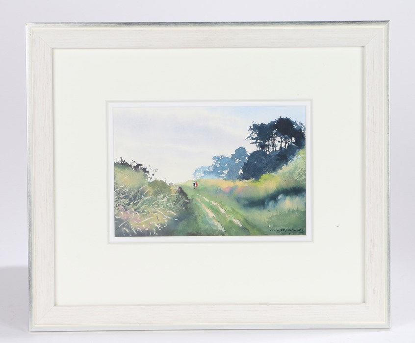 Godfrey Sayers, two figures on a rural footpath, signed watercolour, housed in a white painted and - Image 2 of 2