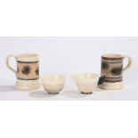 Poole pottery milk jug and sugar bowl with ribbed tapering band decoration, two CMS pottery mugs