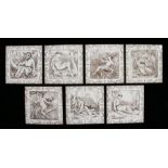 Seven Wedgwood & Sons Etruria tiles, depicting characters from William Shakespeare's a midsummer