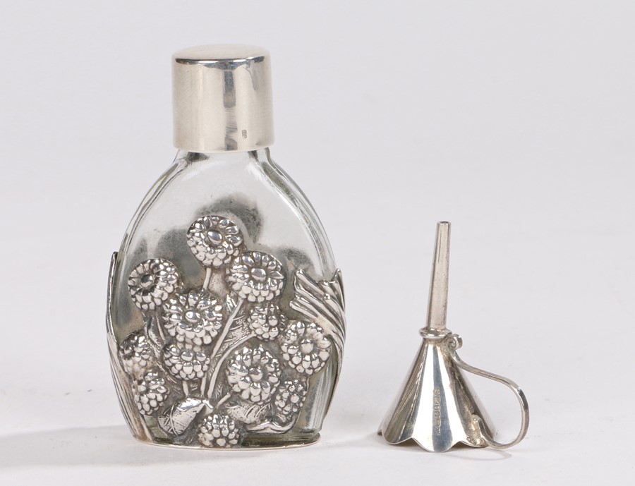 Art Nouveau style silver mounted perfume bottle and funnel, London 1997/98, maker Ari D Norman,