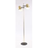 1970's floor standing lamp, with two adjustable arms each with a brass effect shade, 141cm high