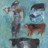 Pauline Facer, seven stylised cows, signed oil on canvas, housed in a cream painted frame, the oil