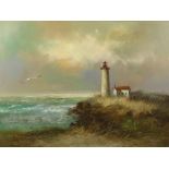 Rogers, coastal clifftop scene with lighthouse and seagulls to the foreground, signed oil on canvas,