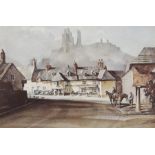 Rowland Hilder (1905-1993), Corfe Castle with the Greyhound Hotel to the foreground, print, housed