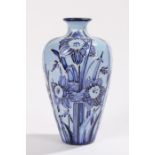 Moorcroft Tazella pattern vase, with slender neck above a tapering body, with blue foliate