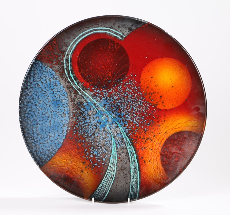 Alan Clarke studio hand painted plate, "Genesis", the central field with orange, blue and red