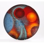 Alan Clarke studio hand painted plate, "Genesis", the central field with orange, blue and red