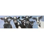 Sue Hodgson, 'All Together Moo', signed oil on canvas, unframed, the oil 102cm x 30.5cm