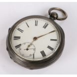 Silver open face pocket watch, with a white enamel dial