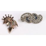 Silver brooch, in the form of a cockerels head, together with another brooch, (2)