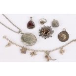 Silver jewellery, to include a locket and necklace, a brooch, locket, charm bracelet, pendant,