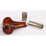 Dunhill 70 cigarette lighter, pipe with amber coloured mouthpiece, housed in a fitted leather