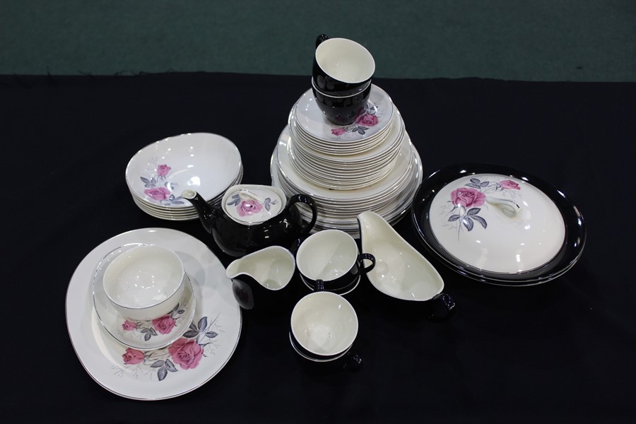 Johnson Brothers dinner and tea service, the black and white ground with rose decoration, consisting