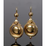 Pair of Victorian gold earrings with arched and disc drops, 30mm long