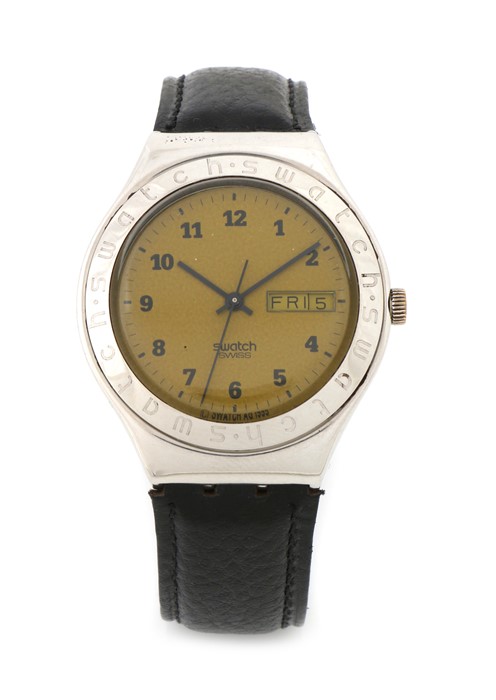 Swatch stainless steel gentleman's wristwatch, the signed green dial with Arabic numerals, day/