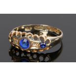 18 carat gold sapphire and diamond set ring, with three sapphires and two diamonds to the head, ring