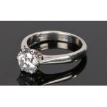 Platinum diamond set solitaire ring, the round cut diamond at 1.53 carat with six claws, ring size M