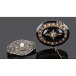 Victorian diamond enamel and pearl brooch, oval form for a central diamond set to a star with a