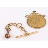 18 carat gold pocket watch chain section, with T bar, 4 grams, with an attached pendant and a