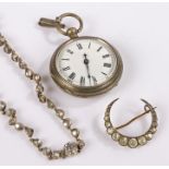 Pocket watch, together with a paste necklace and paste crescent brooch, (3)