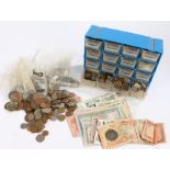 Coins, to include a collection of mixed coins and detector finds, also together with bank notes, (