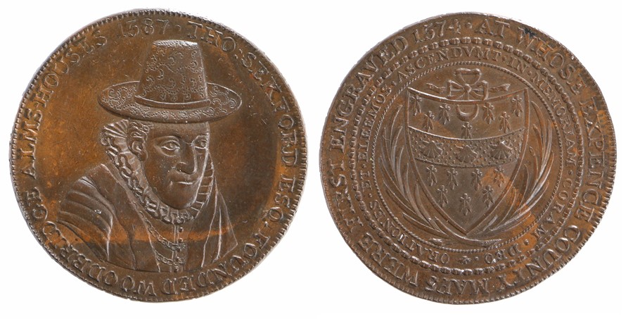 British Token, copper Penny, 1796, THOS SEKFORD ESQ FOUNDED WOODBRIDGE ALMS HOUSES 1587,reverse AT