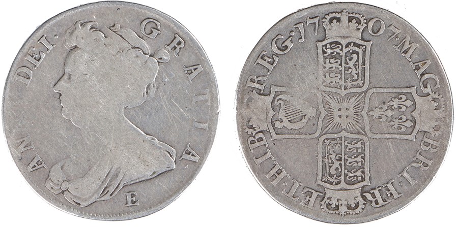 Anne Half Crown, 1707, E for Edinburgh under bust, reverse crowned cruciform