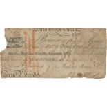 Carmarthen bank five pound note, dated 1828, housed in a mottled glazed frame