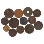 Coins and tokens, to include Stafford 1803 Penny, Lancaster Half Penny, George III Half Pennies,