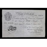 Bank of England White £5 banknote, Beale, Y53 010838, London 7 Aug 1952