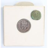 Charles I Rose Farthing, together with a Victoria 1887 Threepence, (2)