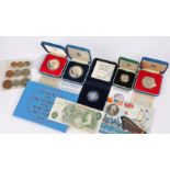 Royal Mint silver proof coins, to include three Crowns, a Twenty pence piece and a One Pound coin,