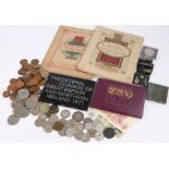 Coins and cigarette cards, proof sets 1970 & 1971, plus cigarette card albums, box of mixed coins