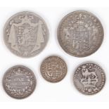 19th Century coins, to include George III Sixpence, George IV Shillings, William IIII Half Crown and