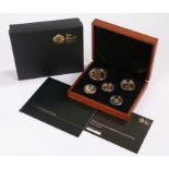 The Royal Mint 2013 Sovereign Collection Five coin set, the cased set with each coin within a