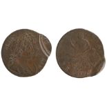 William and Mary mis-strike Halfpenny, 1694, overlapping coin to bust forehead