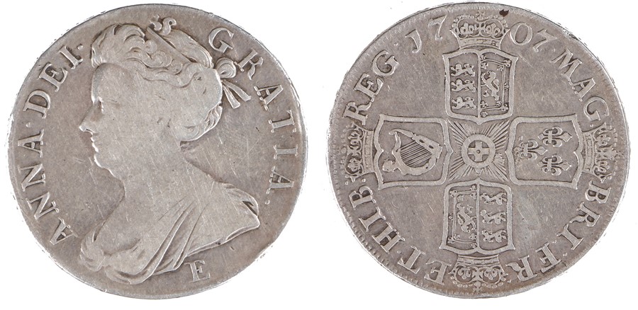 Anne Crown, 1707, E for Edinburgh under bust, reverse crowned cruciform