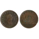 George III Bahama Penny, 1806, profile bust above date EXPULSIS PIRATIS RESTITUTA COMMERCIA (Pirates